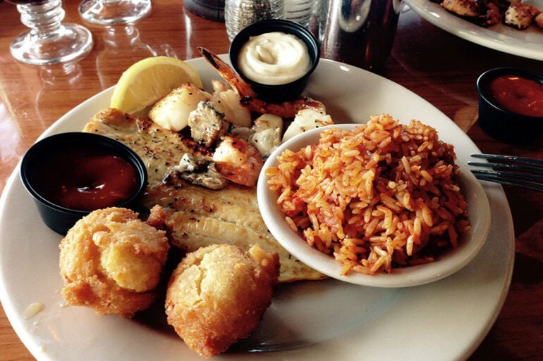 A southern seafood platter of grilled shrimp, fish and scallops